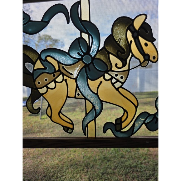 VTG Painted Glass Carousel Horses Window Panel Wood Frame‎ 22"x18" Hanging Art - Picture 5 of 11